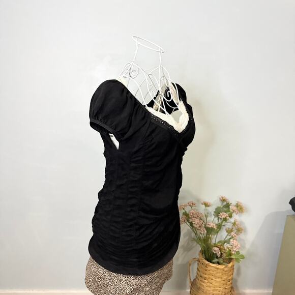 Cute vintage y2k black ruched tight embroidered blouse - Picture 4 of 6